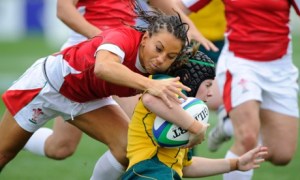 Wales full-back Non Evans, who is taking part in wrestling at the coming Commonwealth Games, tries to tackle Nicole Beck. Photograph: Tom Jenkins